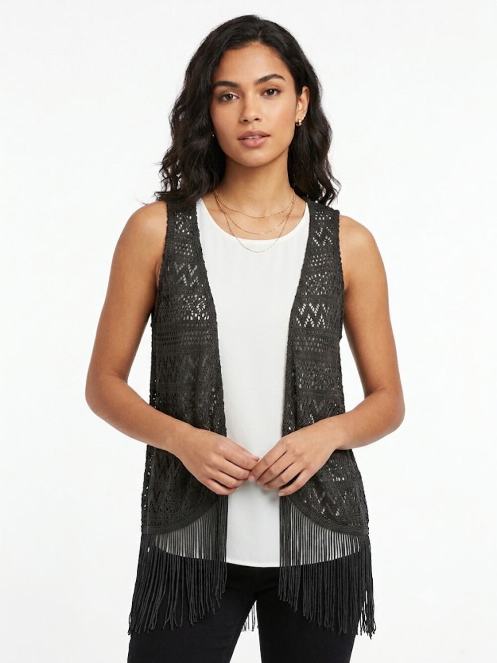 Love J Boho Crocheted Cardigan Fringe Open Front Vest Black Large